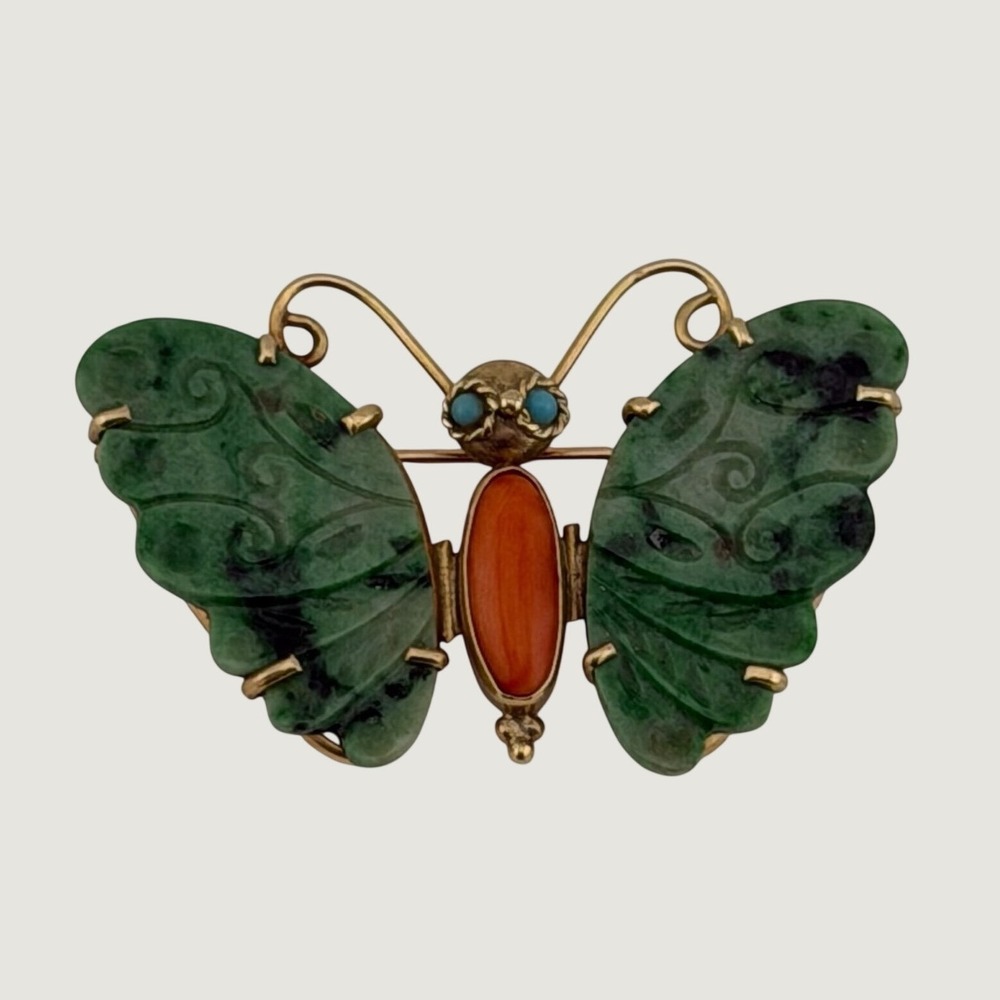 Vintage 18K Gold Moth Butterfly Brooch Carved Green Jade Coral Stone Turquoise